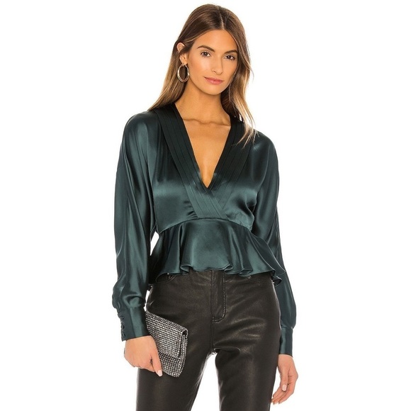 NBD Satin Bronson Wrap Front Blouse in Evergreen - Picture 2 of 9